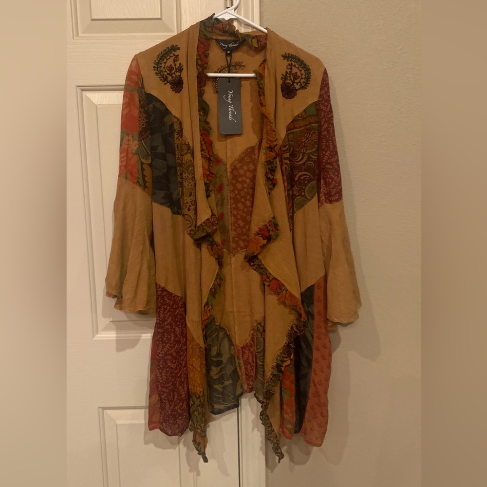 Young Threads Tan Patchwork Open-Front Kimono